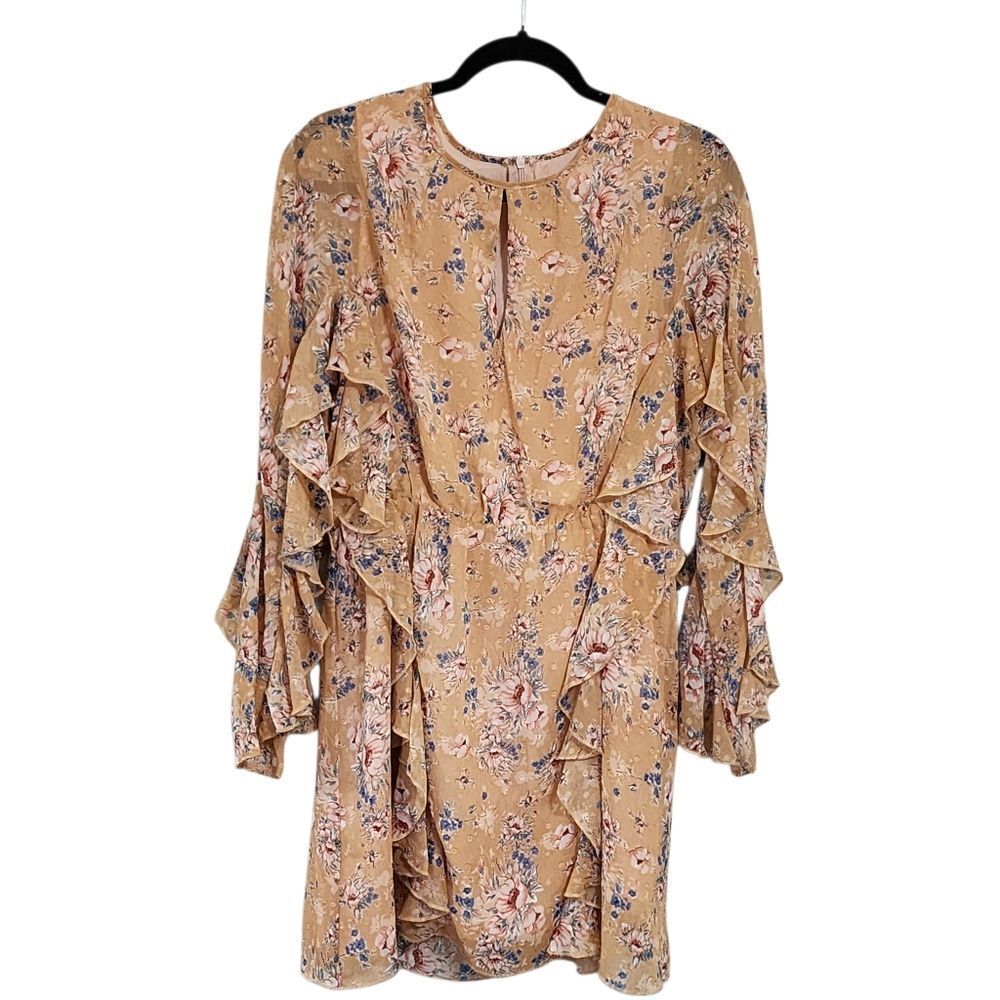 Fanco Mini Dress L Tan Chiffon Floral Ruffled Boho Country Western Cowgirl Glam